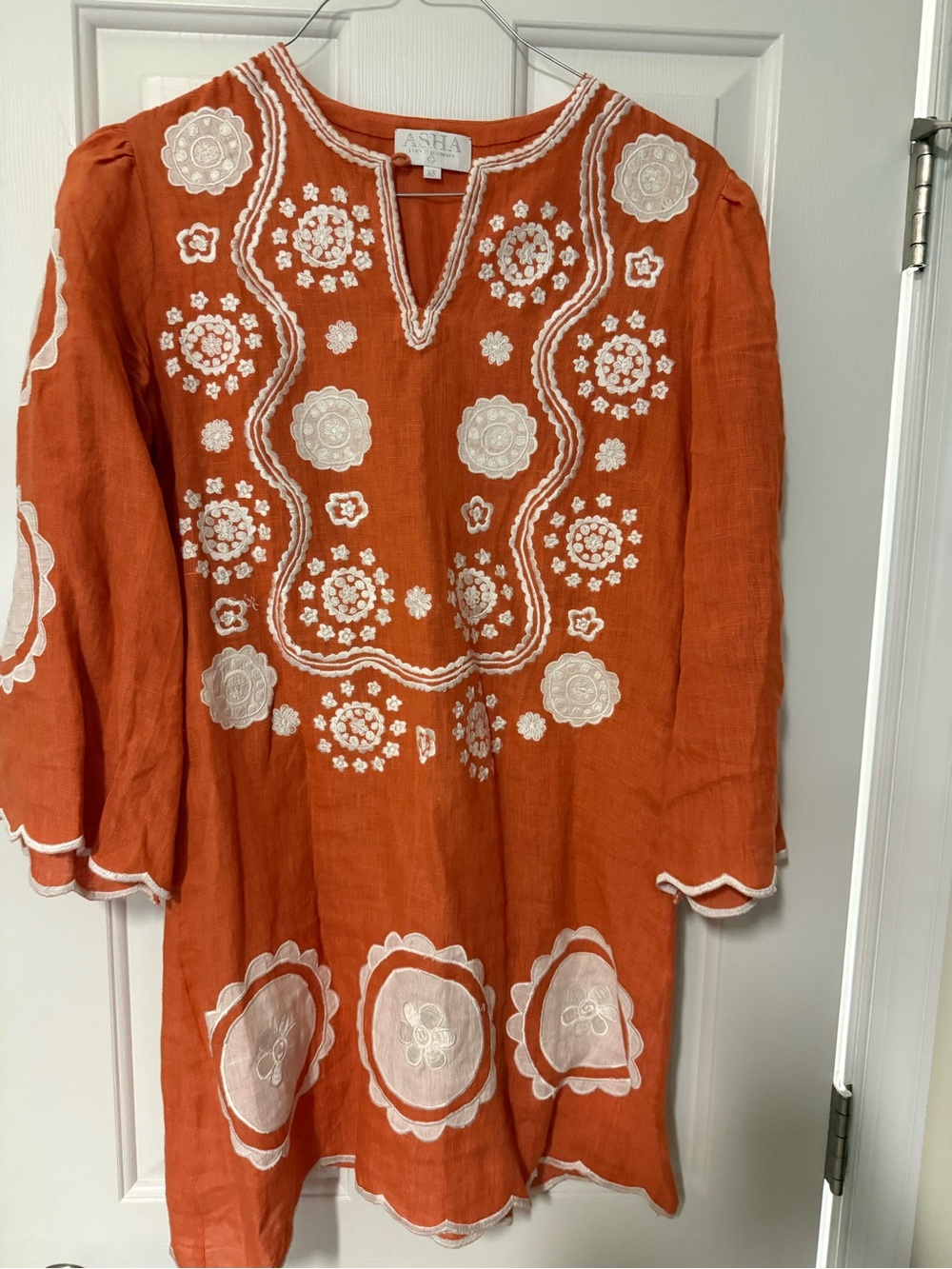 ASHA Orange Mini Dress with White Embroidered Floral Detail